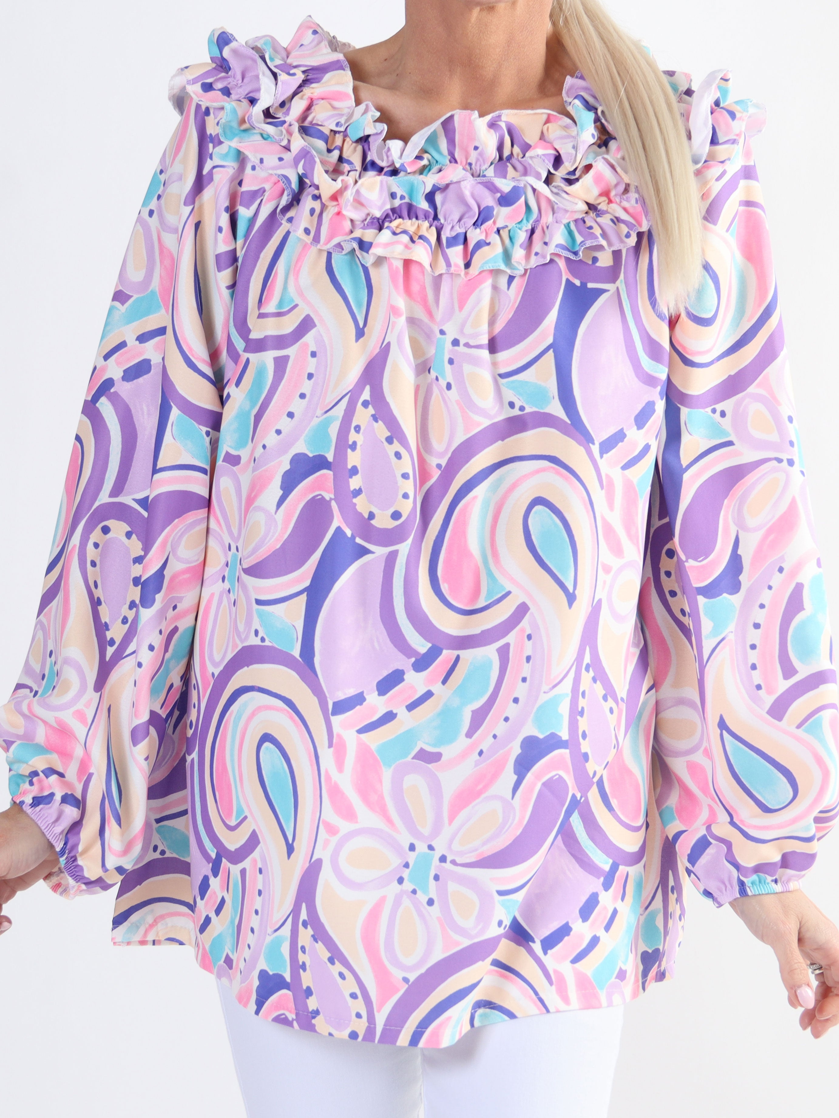 Chili Pattern - Langærmet mønstret plus size tunika med flæser